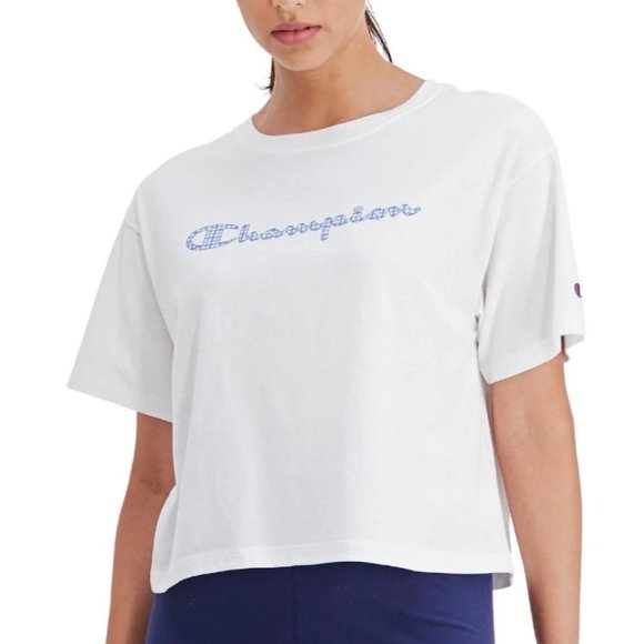 Champion Tops - NEW CHAMPION Womens Logo Graphic Plaid Print Cropped Tee White Blue Size Medium